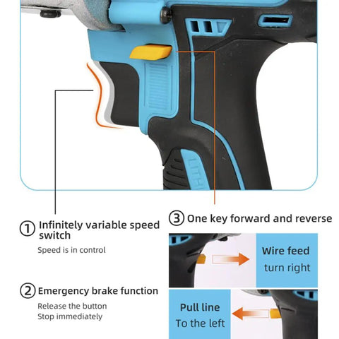 Features of the Badass Cordless Wire Threader And Through Wall Cable Puller with variable speed control and emergency brake.