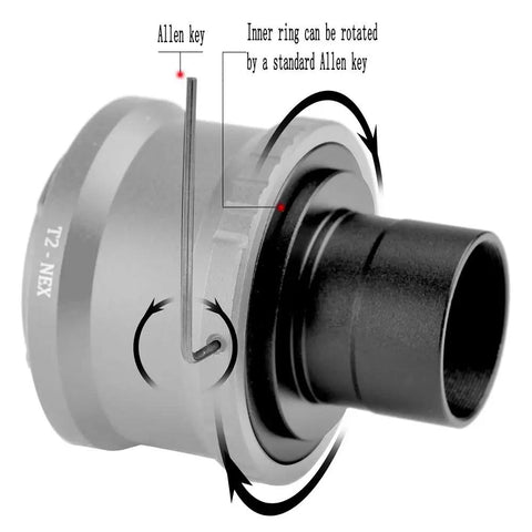 T2 Ring and M42 To 1.25 Inch Telescope T Adapter For Sony NEX Cameras with Allen key adjustment shown, aluminum body.