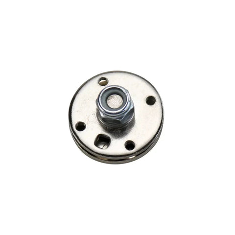 Chrome circular disk hinge/pivot with central nut and mounting holes for adjustable torque damping, 1 pc