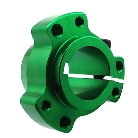 Lightweight Billet Rear Wheel Hub For Drift Trike And Go Kart 1-1/4 Inch Green Racing Drum Kit Shaved Aluminum design close-up view.