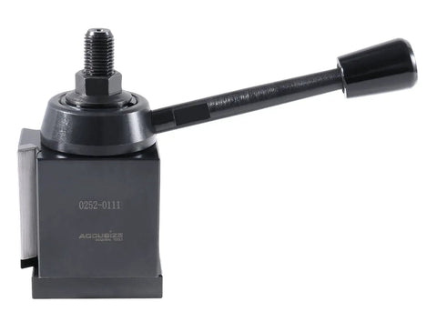 Front view of 11 Piece AXA Wedge Type Quick Change Lathe Tool Post Set for 6 to 12 Inch Swing, steel material, black finish.