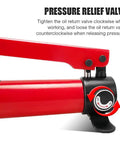 Close-up of red hydraulic pump with pressure relief valve from 15 Ton Hydraulic Knockout Punch Kit For Conduit Holes 22-60mm With 6 Dies.
