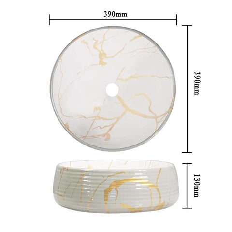 Bathroom Sink Bathroom Vessel Sink Round Art Basin Home Ceramic Wash Basin with gold marble design, 390mm diameter.