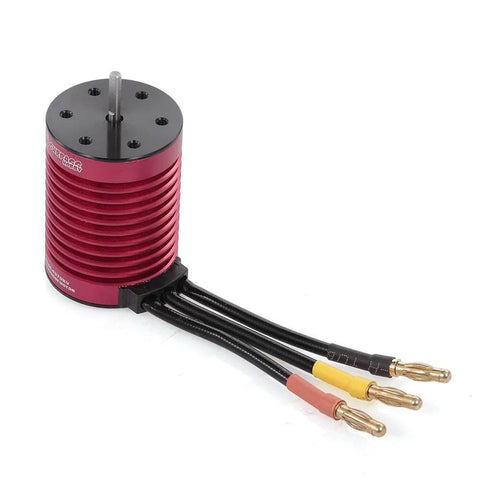 Waterproof 4370KV Brushless RC Car Motor With 45A ESC for 1 tenth scale cars, red 4 pole 12 slot design, cables attached.