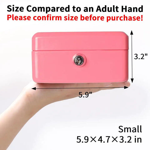 Small Pink Cash Box With Key Lock Double Layer Metal Money Box For Home Security shown in an adult hand for size reference
