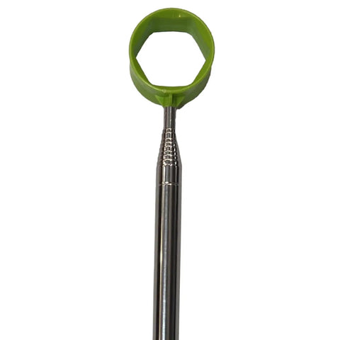 Your Go To 15 Foot Extendable Golf Ball Retriever With Telescoping Aluminum Shaft Lightweight Pick Up Tool For Golfers Easy Water Hazard Retrieval Sturdy Locking Pole Comfortable Grip Green Finish showing green head and stainless shaft close-up.