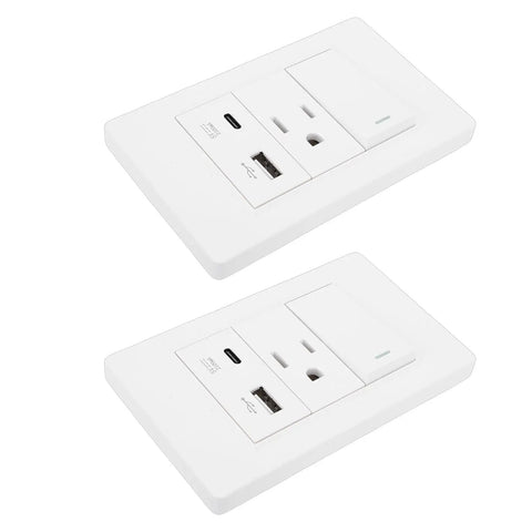 Heavy Duty Dual Wall Plate With Single Toggle 15 Amp Three Prong Receptacle Paired With Ten Watt Usb Charger Built To Survive The Daily Grind Ul Verified Heat Guard White outlet with USB ports.