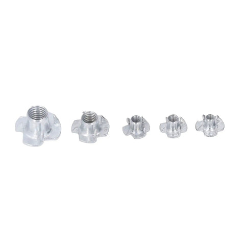 80 Piece T Nut Hardware Set for Wood and Metal, 4 Pronged Tee Nuts, Carbon Steel With White Zinc Plating, Five Sizes Including M4 and M5