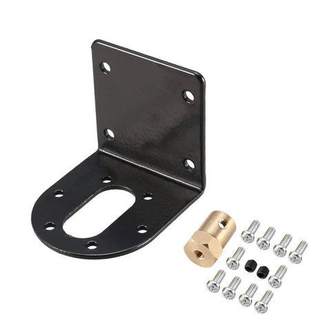 37mm DC motor bracket kit with hex coupler and screws for robotics and DIY projects, featuring a sturdy black metal design and mounting holes.