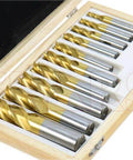 Top view of tin-coated 4-flute end mill set, 10 pcs, sizes 3/16–3/4 in, in wooden case
