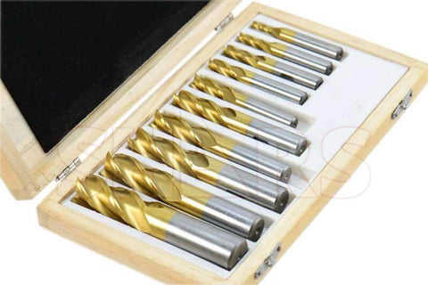 Top view of tin-coated 4-flute end mill set, 10 pcs, sizes 3/16–3/4 in, in wooden case