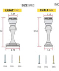 Size specifications for Magnetic Door Stop Two Pack, showing large and small types with screws and wall anchors, in inches.