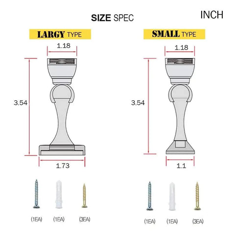Size specifications for Magnetic Door Stop Two Pack, showing large and small types with screws and wall anchors, in inches.
