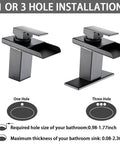 LED Temperature Sensing Matte Black Waterfall Faucet For One Hole Sinks No Sweat Install Vanity Tap With Metal Pop Up Drain Dual Water Lines Stainless Steel Spout Color Changing LED For Cold To Hot Water installation diagram showing one and three hole configurations