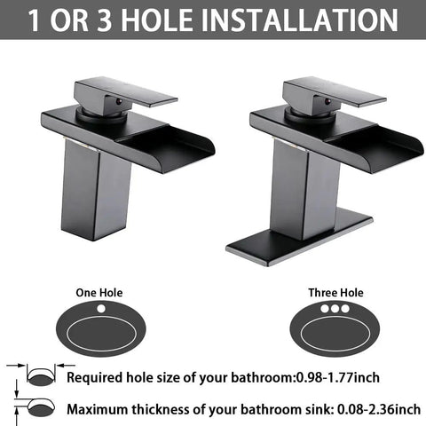 LED Temperature Sensing Matte Black Waterfall Faucet For One Hole Sinks No Sweat Install Vanity Tap With Metal Pop Up Drain Dual Water Lines Stainless Steel Spout Color Changing LED For Cold To Hot Water installation diagram showing one and three hole configurations