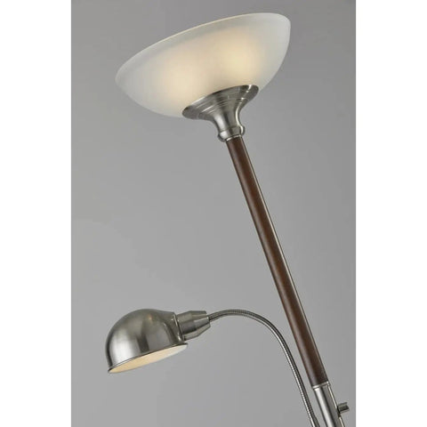 Lexington 71 Inch Two Light Floor Lamp in Walnut Finish With Up Lighting Alabaster Glass Dome Shade and Adjustable Reading Light