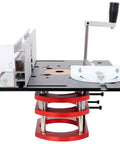 Rock Solid CNC Aluminum Router Table Lift System Featuring Smooth Anodized Finish And Two Inch Stroke Giving Dead On Millimeter Micro Adjustment For Serious Woodworking Tasks, side view of the router lift with adjustment handle.