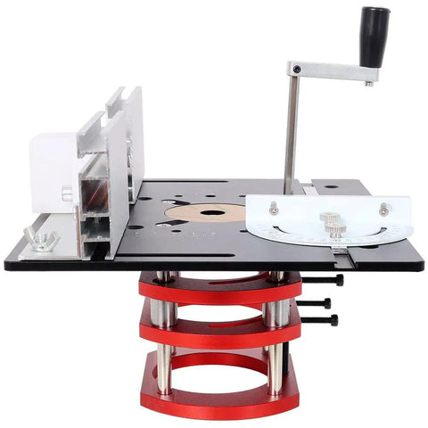Rock Solid CNC Aluminum Router Table Lift System Featuring Smooth Anodized Finish And Two Inch Stroke Giving Dead On Millimeter Micro Adjustment For Serious Woodworking Tasks, side view of the router lift with adjustment handle.