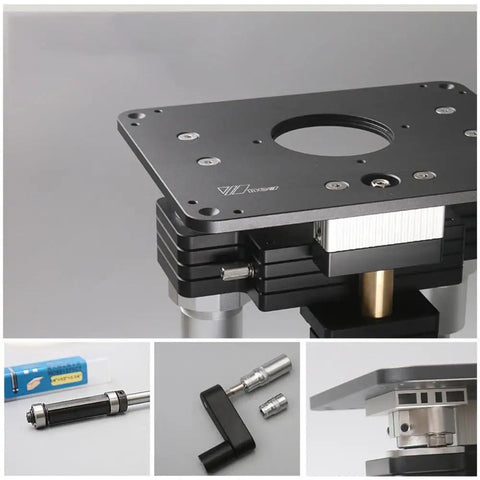 Rock Solid Heavy Duty Router Lift With Aluminum Table Insert Plate For Woodworking Shops 107 mm, close-up of the aluminum base and mounting features.