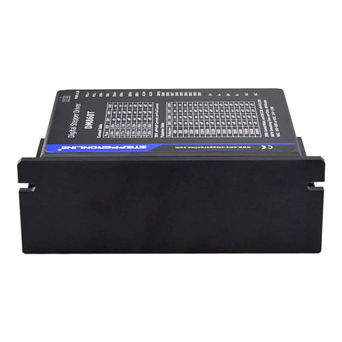 Front view of DM860T digital stepper motor driver by StepperOnline, black metal housing with blue label