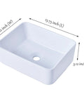 Rectangular Vessel Sink For Bathroom White Ceramic Above Counter Lavatory Basin 16 By 12 Inch with dimensions labeled