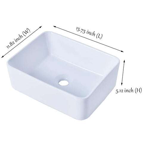 Rectangular Vessel Sink For Bathroom White Ceramic Above Counter Lavatory Basin 16 By 12 Inch with dimensions labeled