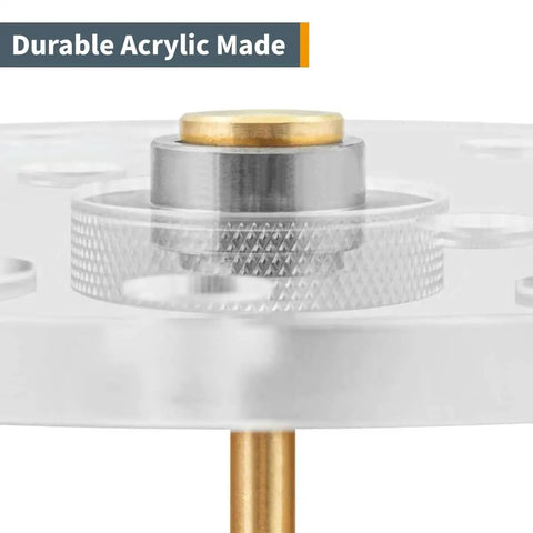 Close-up of Six Point Five Inch Router Base Plate With Ten Piece Template Guide Bushing Set And Centering Pin, acrylic plate detail