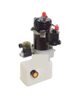Compact 12 Volt 24 Volt DC 1.5 Liter Hydraulic Power Unit with tank and pump for electric stackers and small machinery.