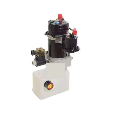Compact 12 Volt 24 Volt DC 1.5 Liter Hydraulic Power Unit with tank and pump for electric stackers and small machinery.