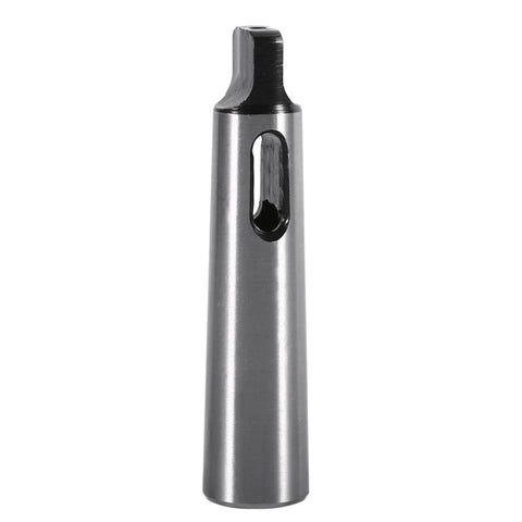 Side view of Morse taper drill sleeve reducing adapter MT1 to MT2, silver steel body with side oval slot.