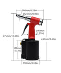 Pneumatic Rivet Gun With 90 To 120 Psi Air Power 1300 Kgf Riveting Tool Kit showing size specifications in millimeters and inches