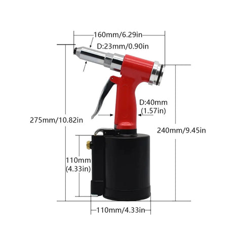 Pneumatic Rivet Gun With 90 To 120 Psi Air Power 1300 Kgf Riveting Tool Kit showing size specifications in millimeters and inches
