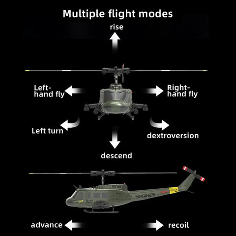Flybarless Huey RC Helicopter For Adults With 6 Axis Gyro, Optical Flow Positioning, TOF Lidar Height showing flight modes.