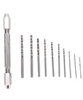 Rock Solid Double Hand Drill With Premium Brass Body And Dead Simple Twist Grip Perfect For Precision Hobby Work And Electronic Assembly set of drill bits with various sizes and a brass chuck.
