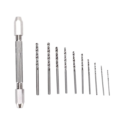 Rock Solid Double Hand Drill With Premium Brass Body And Dead Simple Twist Grip Perfect For Precision Hobby Work And Electronic Assembly set of drill bits with various sizes and a brass chuck.