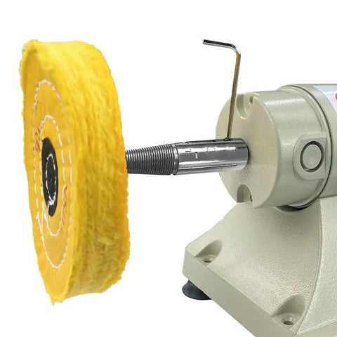 Heavy Duty Tapered Polishing Spindle Set With Right And Left Hand Threads For Half Inch Bench Grinder fitted with wool buffing wheel.