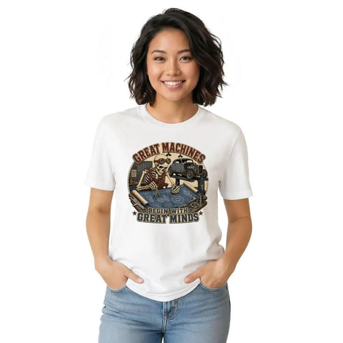 Vintage Mechanical Blueprint Tees Distressed Auto Diagram Gift Gearhead Shirts For Garage Makers And Car Enthusiasts Worn Precision Parts Art on woman in white shirt.