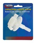 Universal Drain Valve A01-2025VP With Barbed Fittings Three Eighths Inch And One Half Inch White Flanged Mount packaging