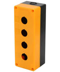 Beefy Four Hole 22mm Push Button Switch Control Box with ABS Industrial Enclosure, flame-retardant, yellow color, side view.