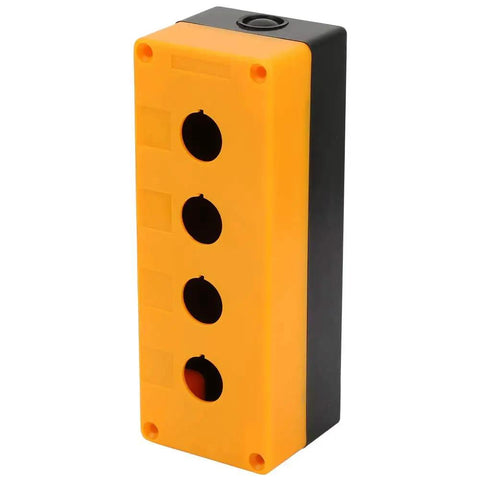 Beefy Four Hole 22mm Push Button Switch Control Box with ABS Industrial Enclosure, flame-retardant, yellow color, side view.