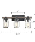 Mason Jar Wall Sconce With Faux Distressed Metal Finish, 3 Light Bath Vanity Lighting, demensions shown, E26 bulbs not included
