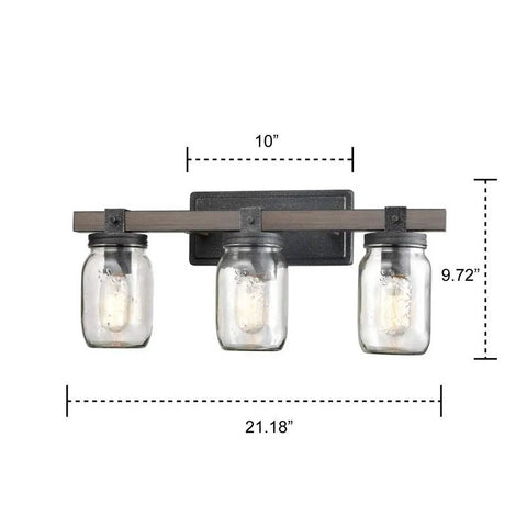 Mason Jar Wall Sconce With Faux Distressed Metal Finish, 3 Light Bath Vanity Lighting, demensions shown, E26 bulbs not included