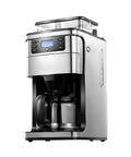 Fully Automatic Espresso Machine With Built In Grinder And Sleek Stainless Steel Body, showing front view with digital display and glass carafe.