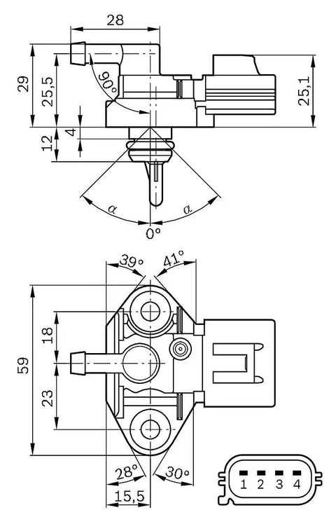 OEM Fuel Pressure Sensor Replacement For Ford And Lincoln Vehicles With Original Equipment Quality And Fast Response Plug And Play Design For E Series Vans Escape Expedition Explorer F Series Trucks Focus Fusion Mustang Mazda Mercury technical drawing with 4-pin connector