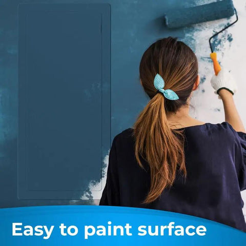 Woman painting a wall patch with roller, featuring Top Notch Drywall Access Panel With Insulated Wall Hole Cover Heavy Duty Plastic Repair Patch For Plumbing Electrical Conduits Pure White Quick Setup Tool Free Install Pro Favorite.