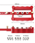 Heavy Duty Self Centering Doweling Jig Kit With Pocket Inclined Hole Drill Guide And 6 8 10 Millimeter Metric Dowel Positioner Locator Kit for woodworking, red aluminum design.