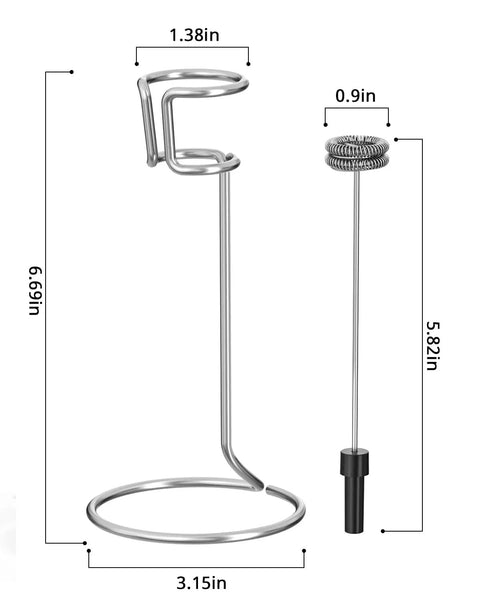 Rechargeable Milk Frother Holder And Whisk Rod In Silver with dimensions; suitable for MMF-BX07, MMF-BX07-L, MMF-BX07-A, and MHMF06