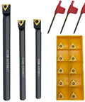 16 Piece Indexable Lathe Turning Tools Bit Set With Boring Bars And Tool Holders 5/16 In 3/8 In 1/2 In Shank Includes TCMT21.51 TCMT110204 Carbide Inserts For Steel And Cast Iron Machining displayed with three boring bars, carbide inserts, and adjusting keys.