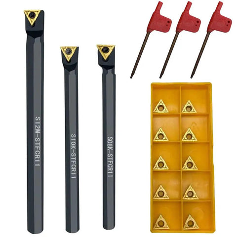 16 Piece Indexable Lathe Turning Tools Bit Set With Boring Bars And Tool Holders 5/16 In 3/8 In 1/2 In Shank Includes TCMT21.51 TCMT110204 Carbide Inserts For Steel And Cast Iron Machining displayed with three boring bars, carbide inserts, and adjusting keys.