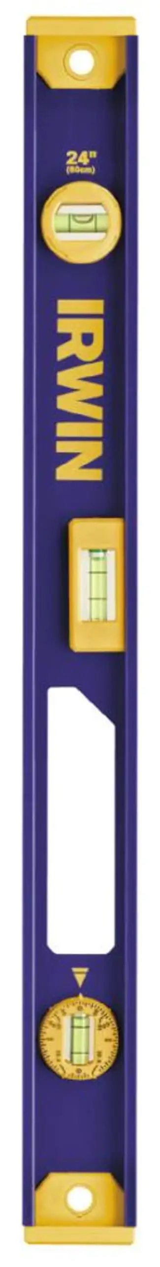 Side view of Magnetic 24 Inch I Beam Level With Aluminum Body Rotating Angle Vial Large Readouts Full Length V Grooved Magnet Strip Easy Grip Handle
